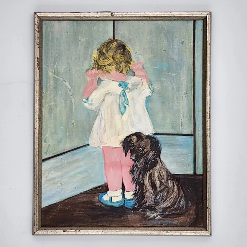 Pintura al óleo original vintage sobre lienzo "En desgracia" niña perro arte firmado enmarcado Foto 2 de 4