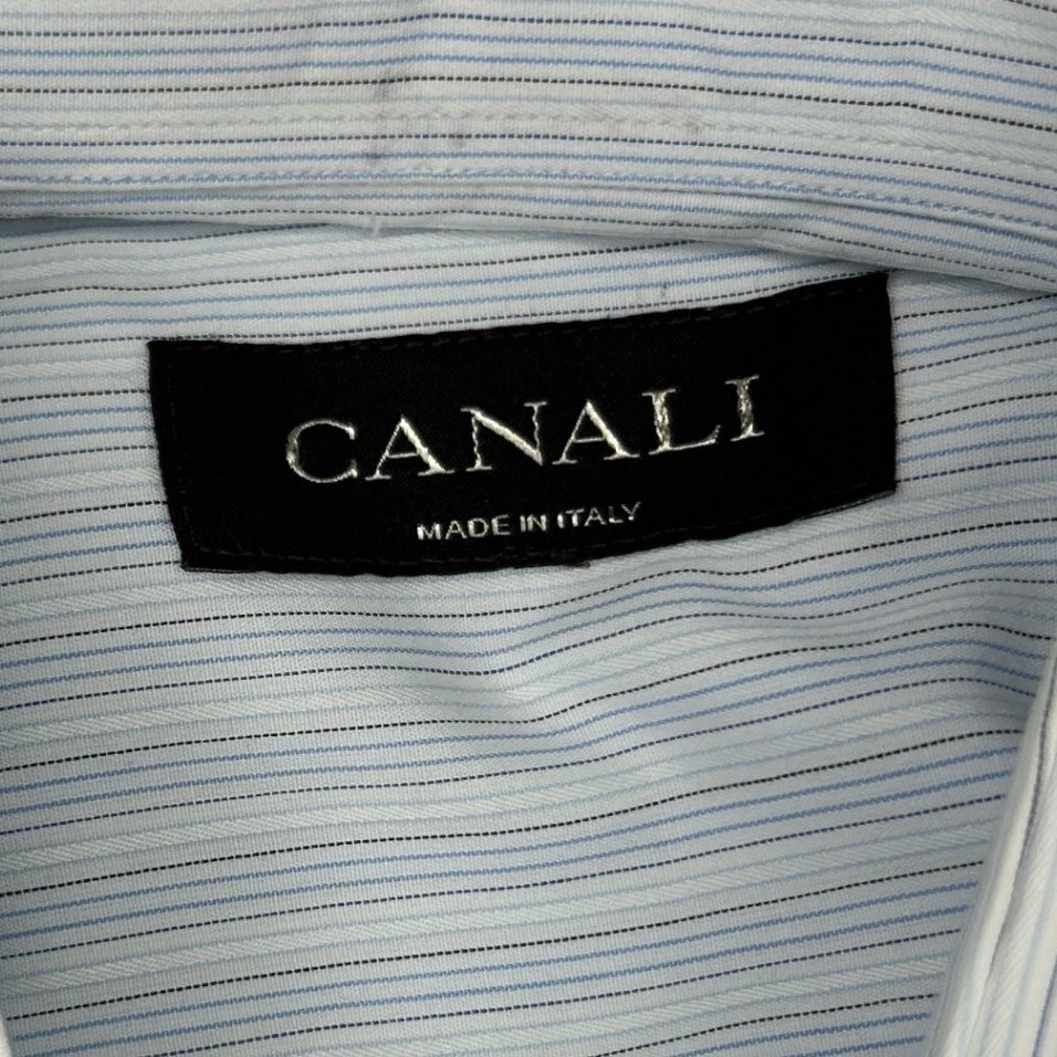 Camisa de vestir Canali para hombre azul a rayas manga larga 42 16,5 hecha en Italia algodón Foto 4 de 4