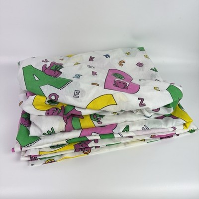 Vtg 1993 Barney The Purple Dinosaur Twin & Fitted Bed Sheet Set Alphabet Letters