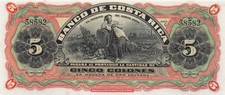 Costa Rica 5 Colones San Jose, ND. Billet de banque 1901 série C non circulé AAZ 7
