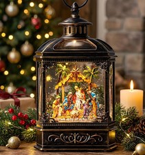 Christmas Snow Globe Swirling Glittering Nativity Scene with Music, USB Lined/Ba