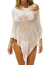 Women Sheer Crochet Cover Up Shrug, Lightweight Mesh Boho Poncho Top, White