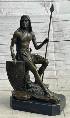 Original Nude Native American Warrior Bronze Western Art Marble Sculpture Decor