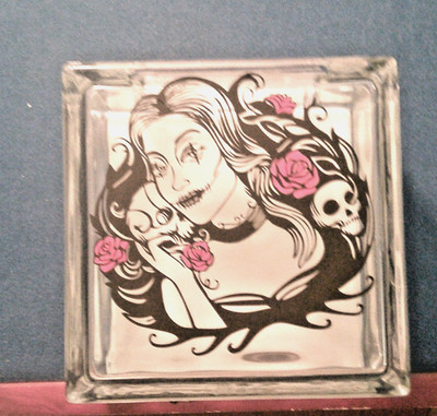 Gothic '' Skull and Roses'' Glass Block  Coin Bank