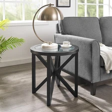 Modern Round Tempered Glass Coffee Table w/ Solid Wood Base for Home