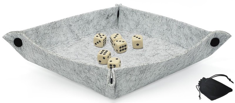 Dice Rolling Tray Folding Grey Felt Mat + (6) 16mm Bone Tone Dice w/Pouch Set