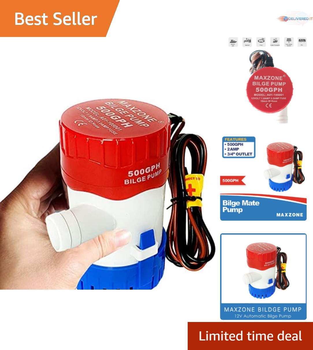 12V Water Pump 1100GPH Bilge Pump Non-Automatic for Ponds Pools Spas Boats