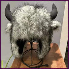 High Quality Unisex Bullhead Plush Hat with Horns Fluffy Bison Hat Windproof