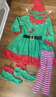 NEW ELF OUTFIT COSTUME GREEN RED DRESS HAT EARS STOCKINGS BOOTIES NIP MED