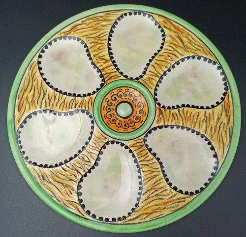 ANTIQUE FRENCH MAJOLICA OYSTER PLATE IN CERAMIC OF DESVRES Normandy France 