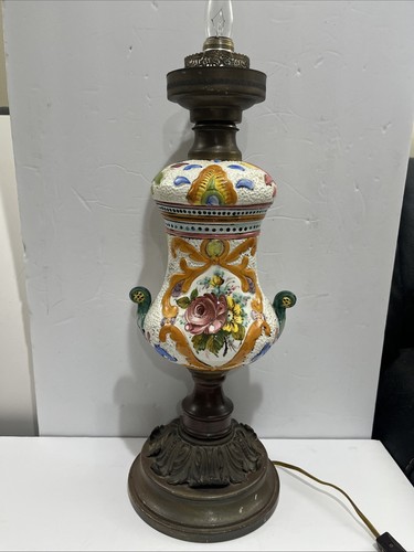Antique Italian Majolica Ceramic Floral Table Lamp 1900's