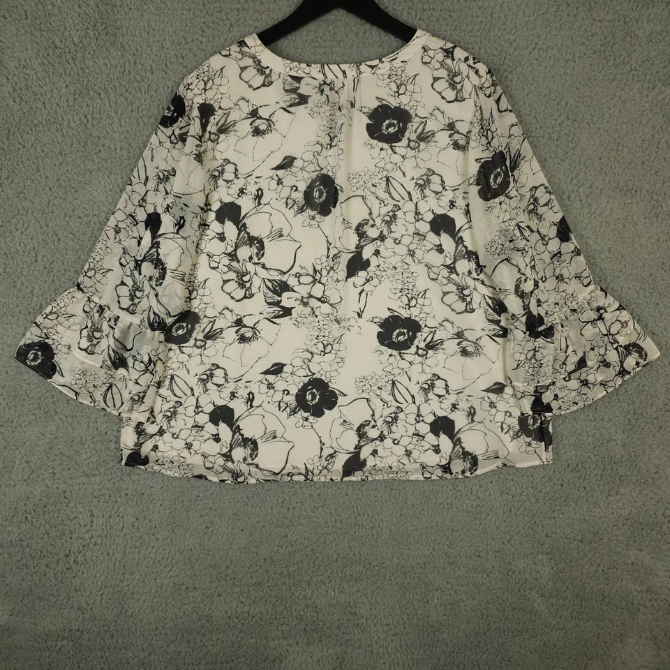 Talbots Shirt Women 2XP Black White Floral Bell Ruffle Sleeve Sheer Lined Blouse - Image 2 of 4