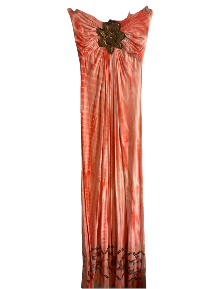 Vestido maxi sexy medalhão tingido de gravata pêssego/rosa feminino marca SKY - Imagem 2 de 4