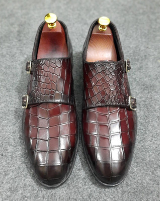 Handmade Men Brown Alligator textured leather double monk shoes, crocodile shoes