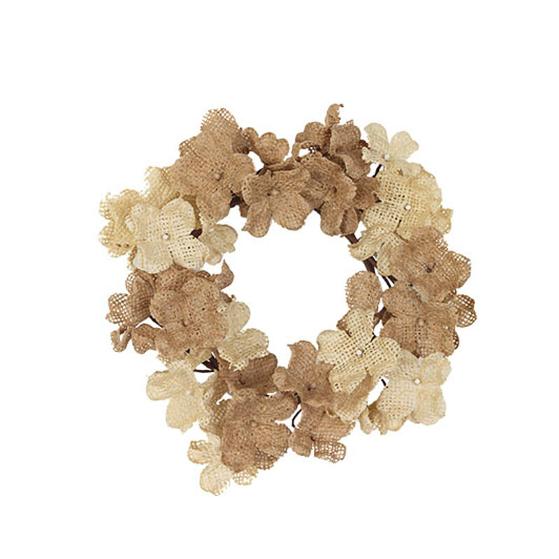 Rustic Farmhouse Cream Burlap Hydrangea Candle Ring Wreath 4 Inch