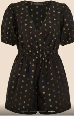 Monsoon Accessorize Dobby Playsuit UK 14 Black Gold Spots Bnwt 