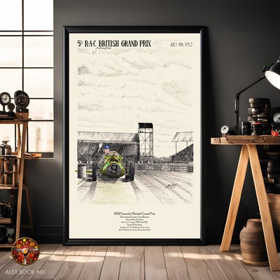 Vintage British GP Silverstone Wall Art Print - Hawthorn Formula Race Car Poster