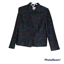 Studio Works Colorful Tweed Blazer Jacket Shoulder Pads Size 10 Black Metallic