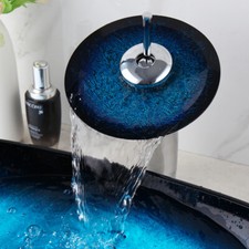 Blue Bathroom Basin Sink Faucet Waterfall Glass Spout Mixer Taps Deck Mounted