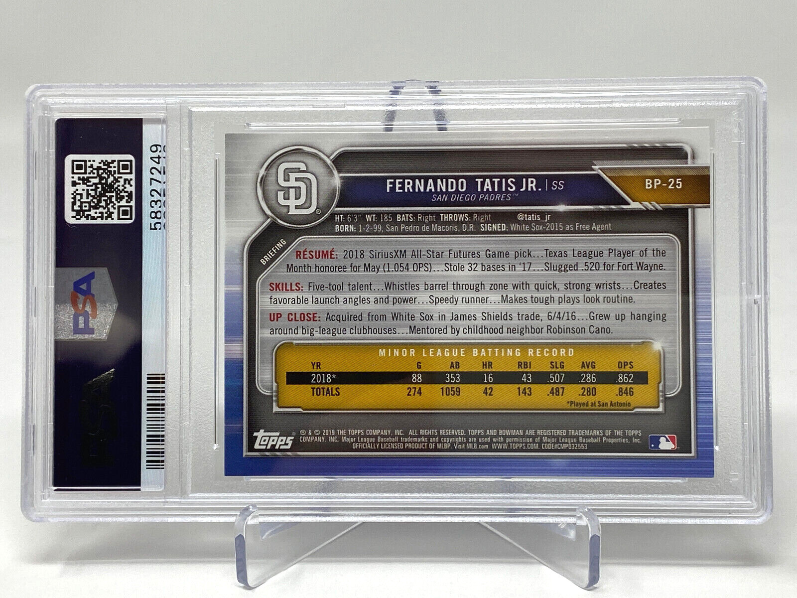 2019 Bowman Prospects  Fernando Tatis Jr.  Rookie Card - PSA 9 view 3