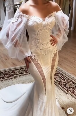 Sexy Mermaid Wedding Dresses Long Puffy Sleeve Illusion Corset Bridal Gown  Train | eBay