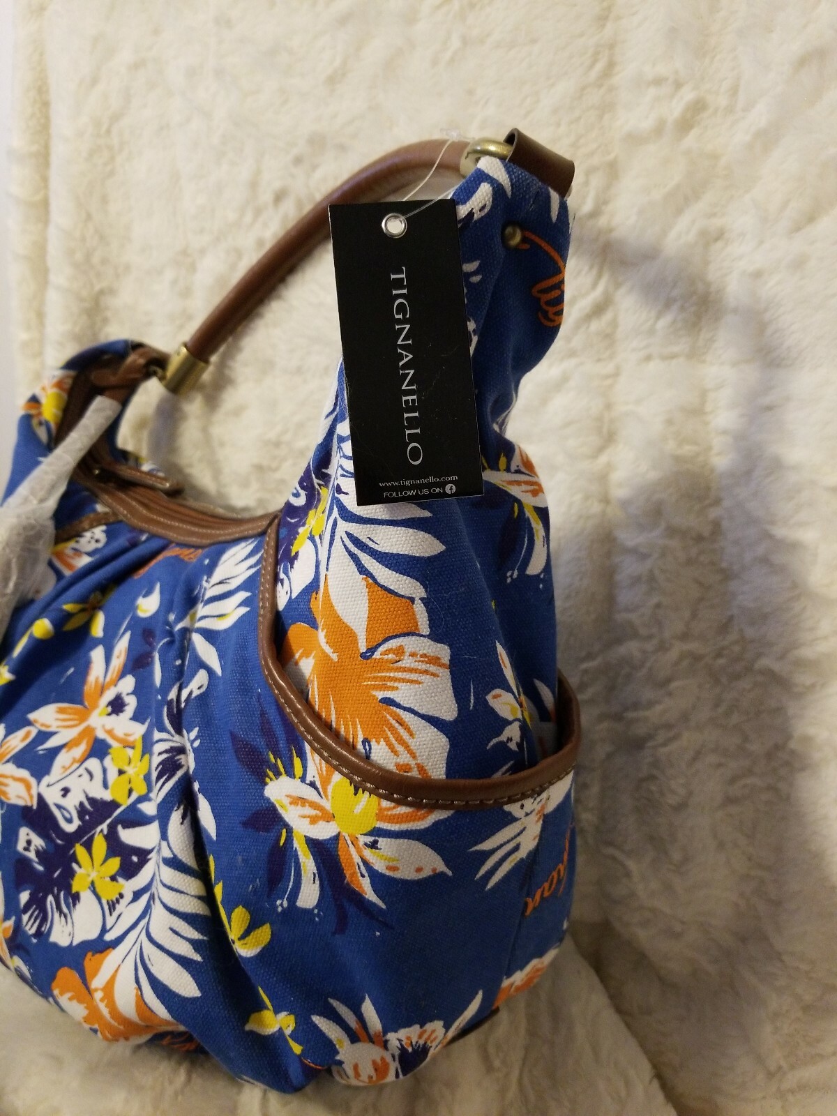 Tignanello Blue Multi-color Foral Print Hobo Handbag Purse w/ tassle NWT New image 2
