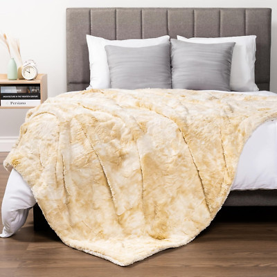 Faux Fur King Bed Blanket - Tie-Dye Beige Ivory, Soft Warm Sherpa, Reversible Fu