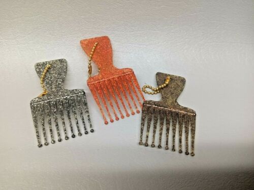 3 porte-clés vintage peigne cheveux Fro s paillettes en plastique milieu de siècle 3" de long - Photo 1 sur 1