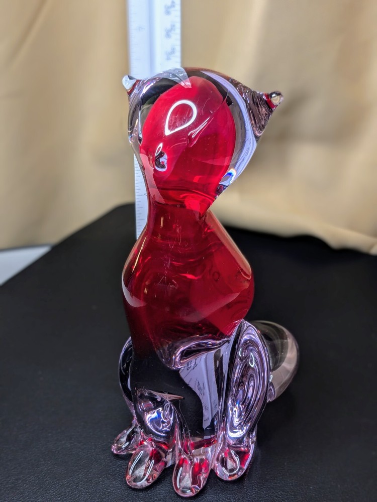 Vintage Murano Cat Figurine Hand Blown Art Glass Red Clear 6 3/4” Made in Italy