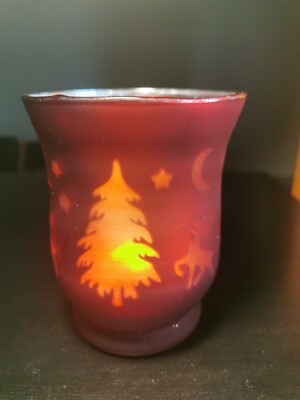Giftcraft Christmas Theme Red and White Tree Pattern Glass Candle Holder 4.5''H