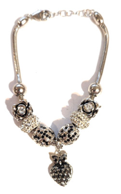 Sterling Silber 925 Armband Eule Charm klare und schwarze Intarsien Fiora