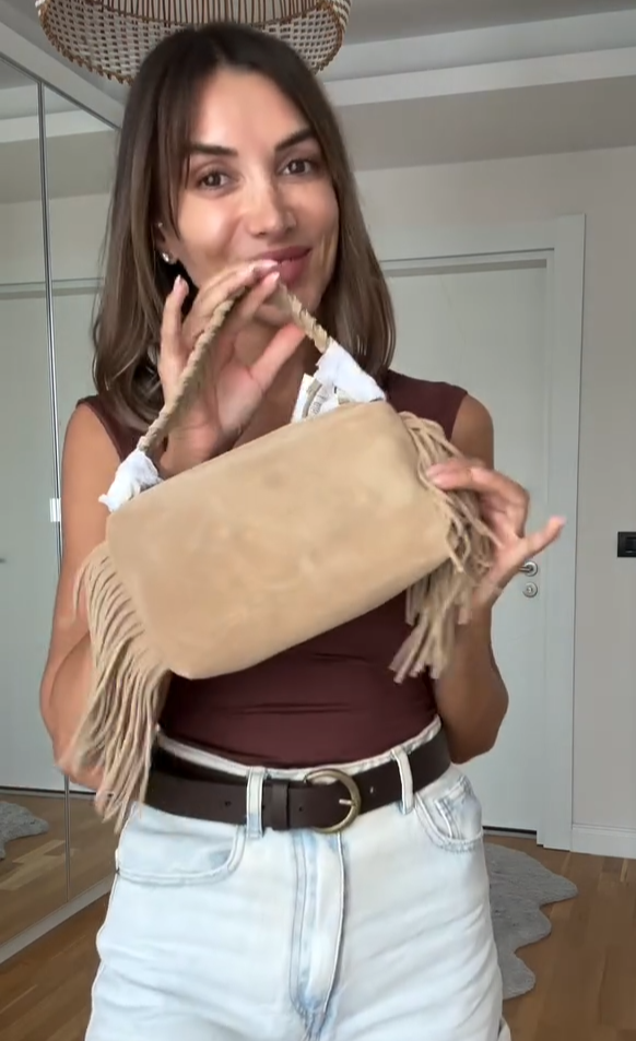 Zara Split Suede Mini Fringed Crossbody Bag Sand Beige Cream Brown