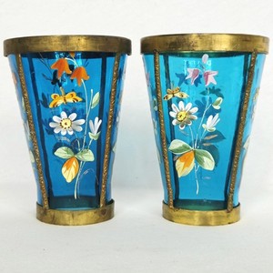 Pair of Antique Harrach Bohemian Glass Hand Painted Floral Candlestick Shades 6"