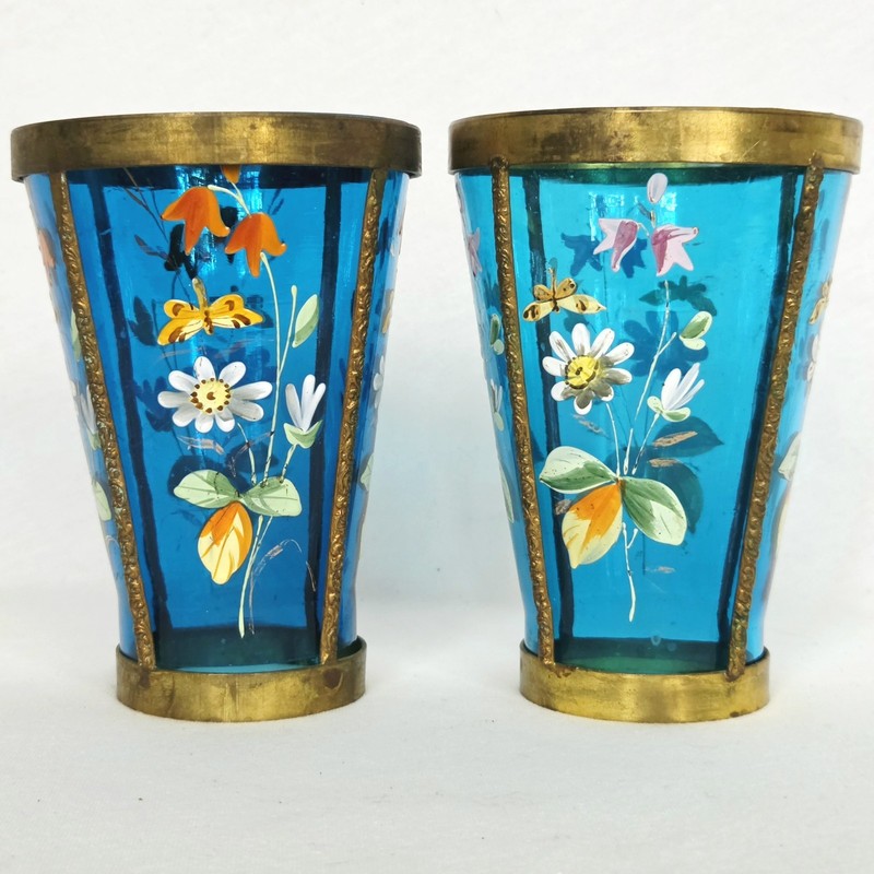 Pair of Antique Harrach Bohemian Glass Hand Painted Floral Candlestick Shades 6"
