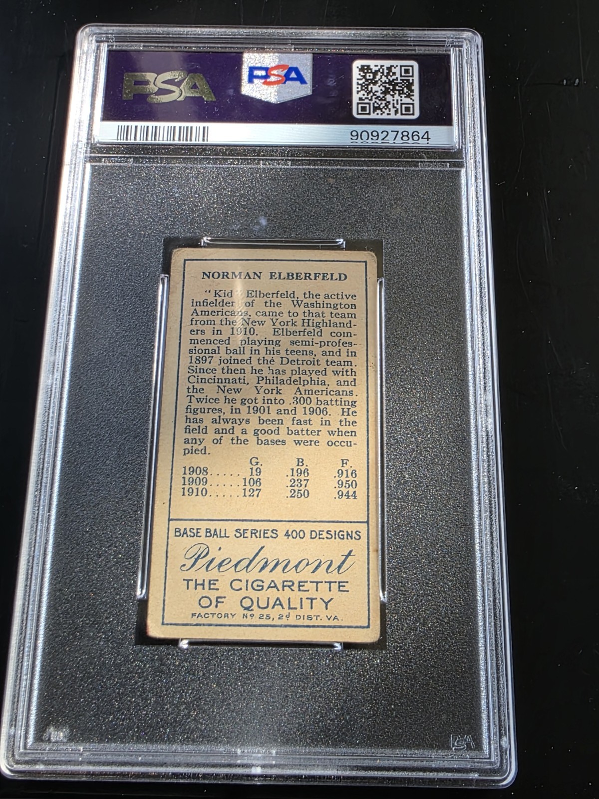 T206 Washington Senators Kid Elberfeld PSA Grade 2.0. Great Looking Card.  view 2