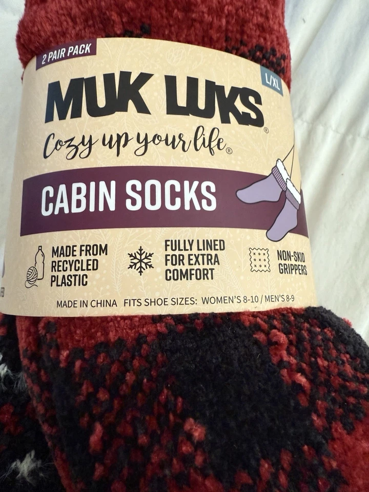 NUEVO CON ETIQUETAS 2 Pares Calcetines de Cabina Muk Luks Rojo Negro Búfalo Cuadros Copo de Nieve Alpino L/XL Foto 2 de 4