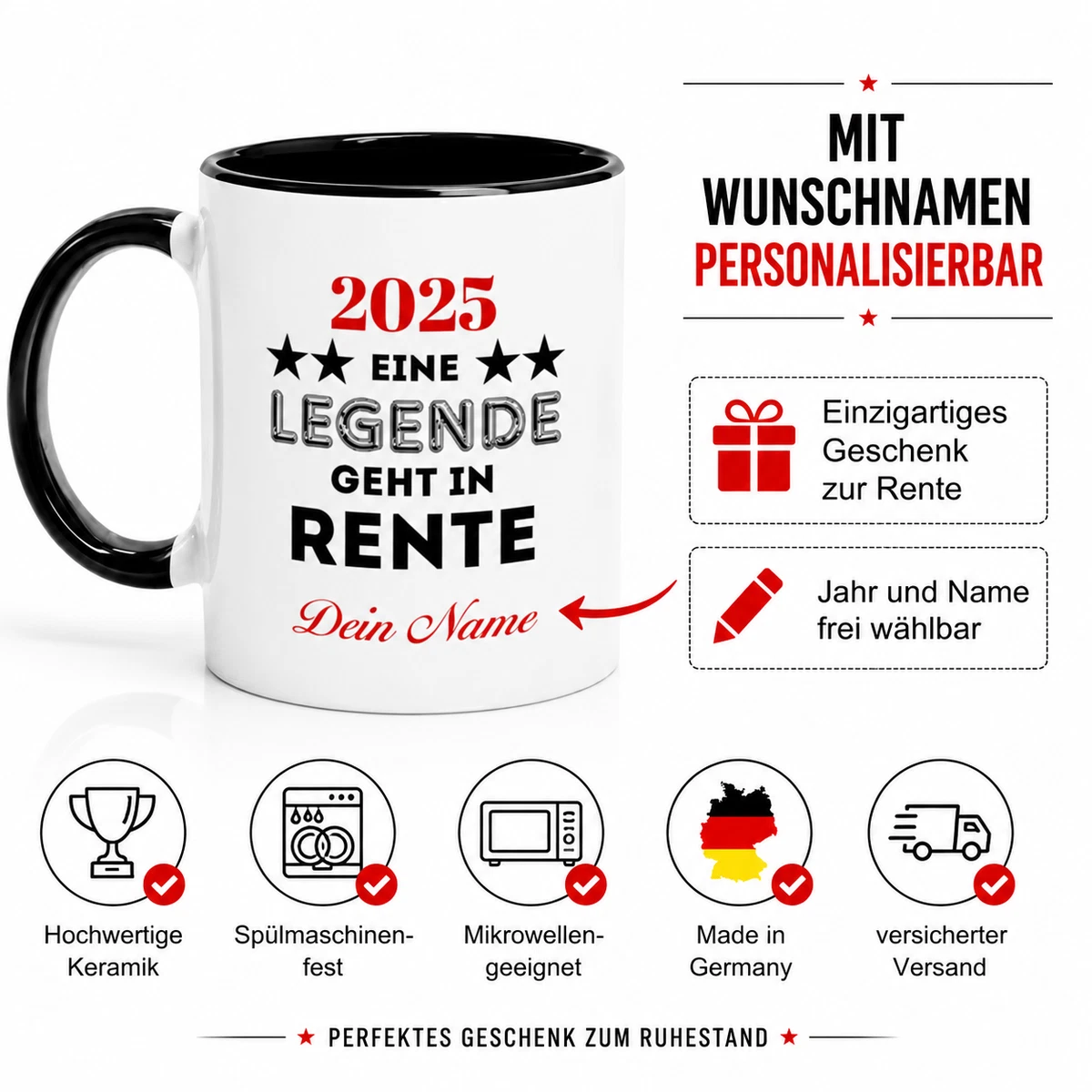 Personalisierte Rentner Tasse mit Name & Jahr Geschenk Rente Ruhestand