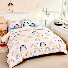 6 Pieces Beige Rainbow Girls Full Size Comforter Set Cartoon Love Hearts Star...