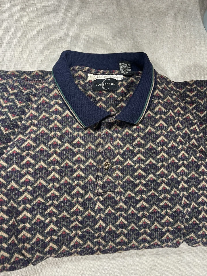 Camisa polo vintage de punto geométrico de los 90 manga larga para hombre con patrón retro grande Foto 4 de 4