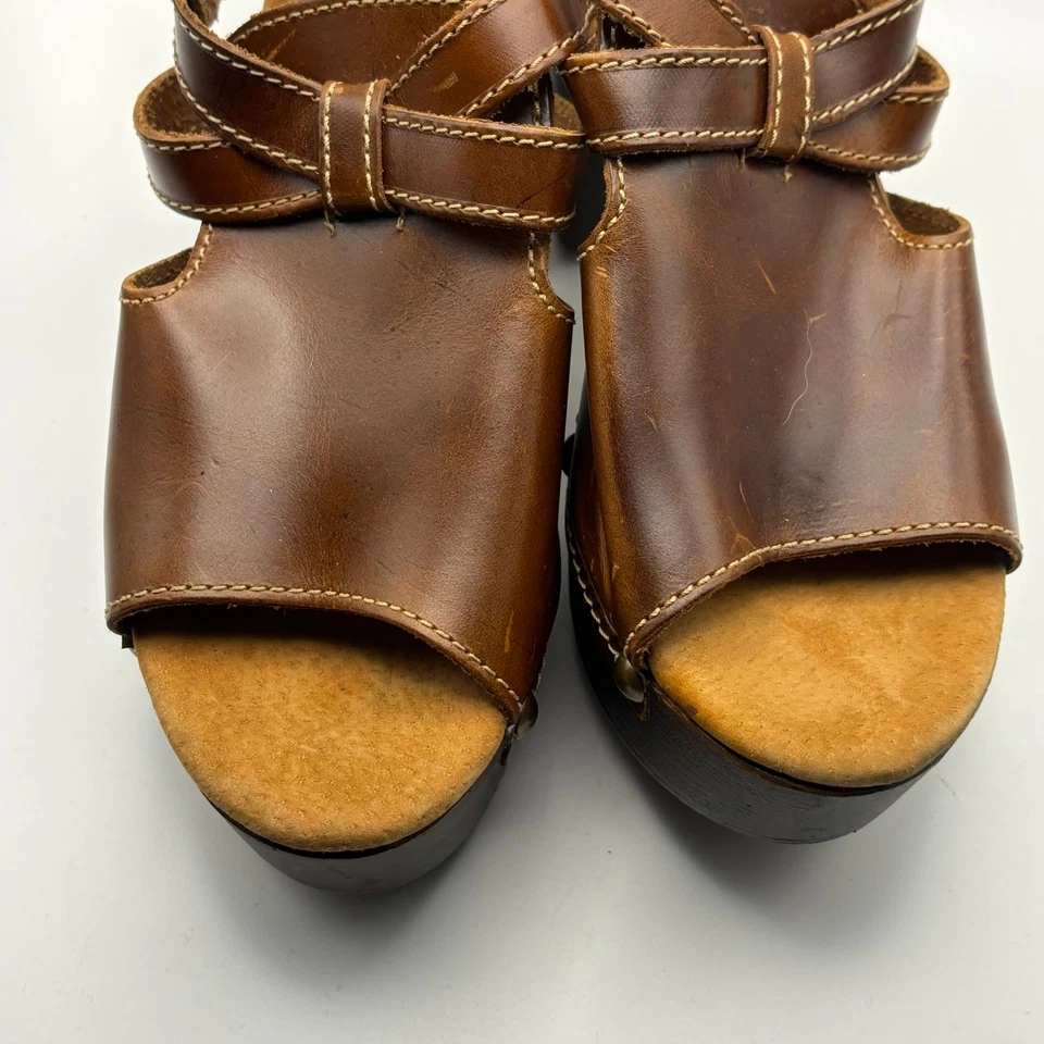 Sbicca Brown Leather Platform Clog Sandals Studded Wood Heel Boho Retro Size 39 - Image 2 of 4