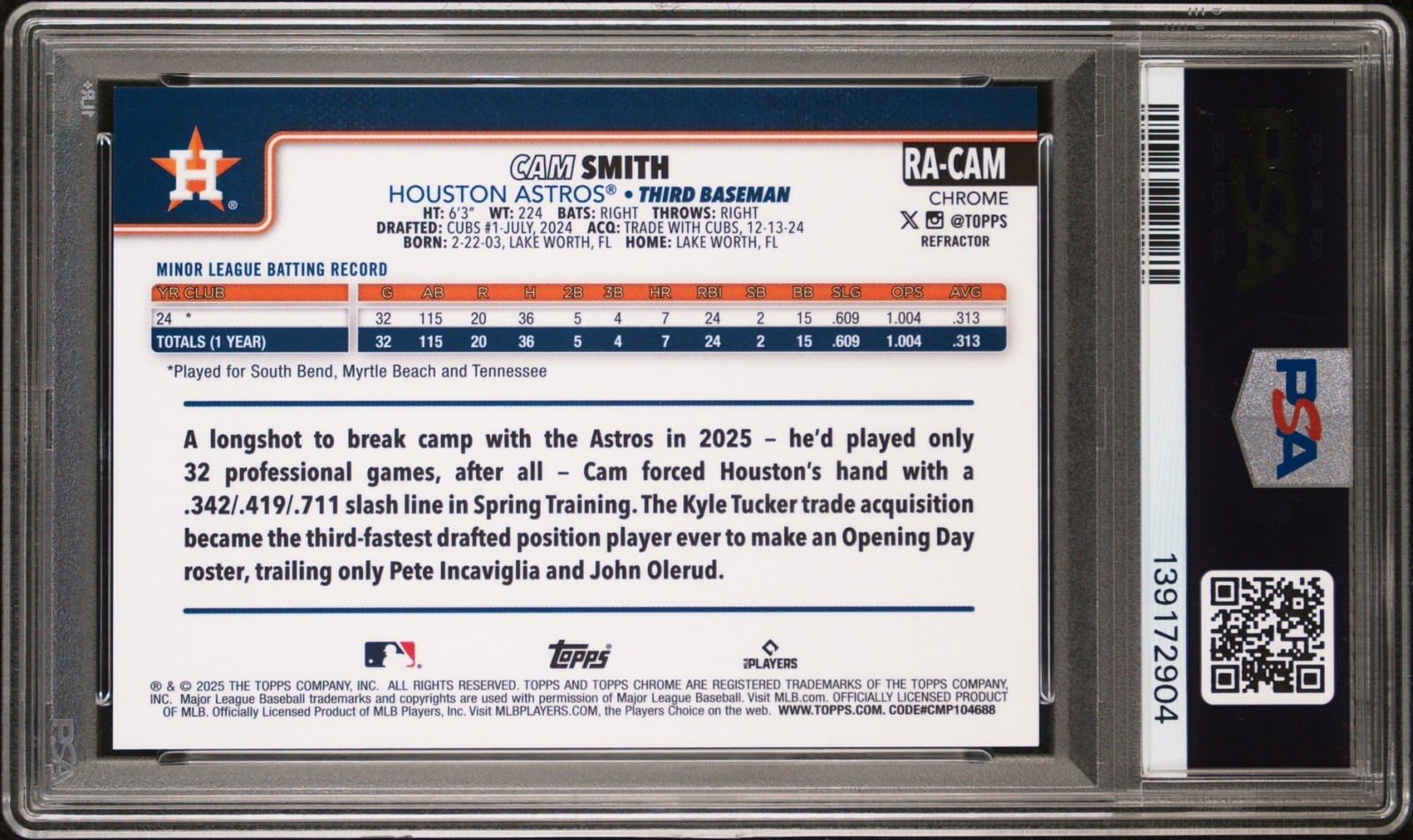 2025 Topps Chrome Cam Smith Rookie Auto Refractor /499 RC PSA 10 Houston Astros view 2