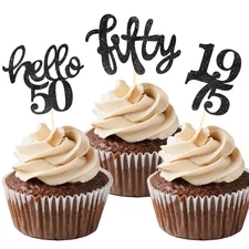 24 Pcs Black Glitter 50th Birthday Cupcake Toppers for 50th Birthday Celebrat...