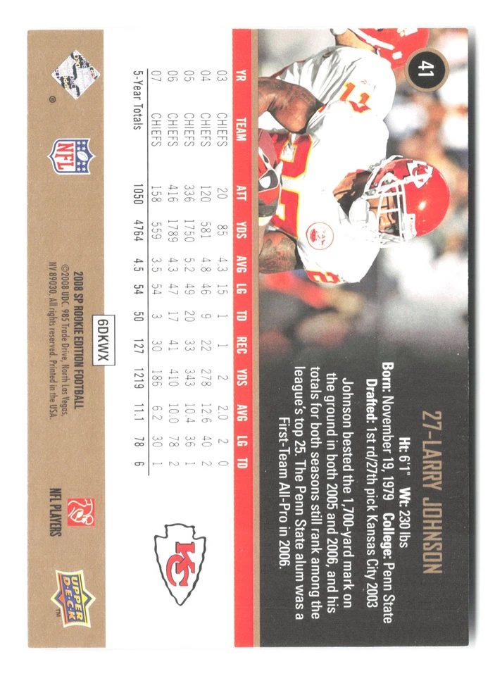 2008 SP Rookie Edition #41 Larry Johnson - Image 2 of 2