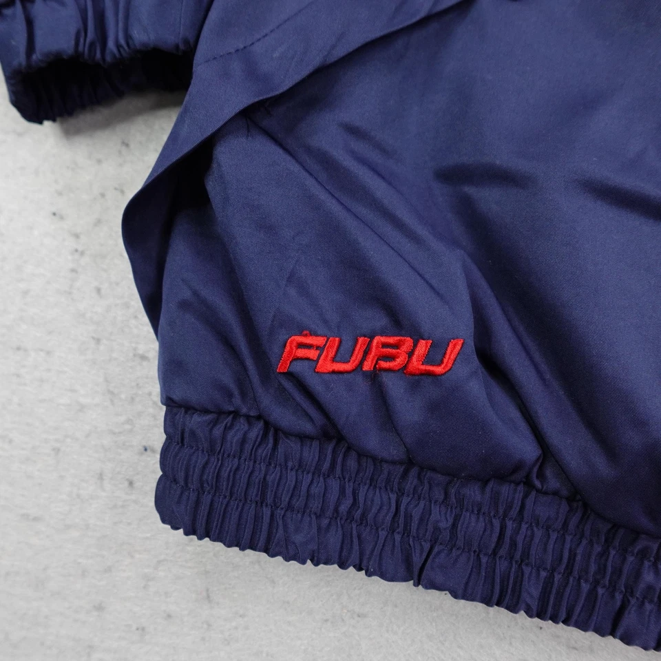 Chaqueta vintage FUBU para mujer grande azul cortavientos banderas internacionales abrigo Y2K Foto 4 de 4