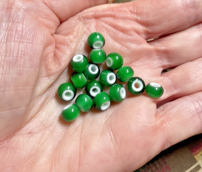 8/0 Green Czech Preciosa White Heart Beads, Ziploc bag of 15 Beads