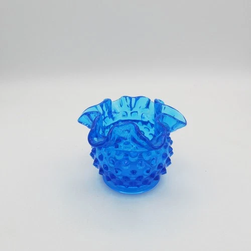 Vintage Fenton Art Glass Blue Hobnail Small Vase Ruffle 3 in Ruffle