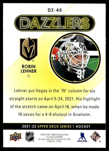2021-22 Upper Deck Dazzlers Pink Robin Lehner Vegas Golden Knights #DZ-45 - Picture 2 of 2