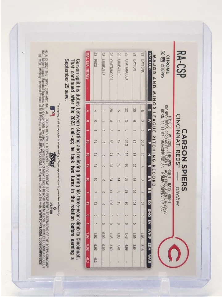 CARSON SPIERS 2024 TOPPS CHROME ROOKIE AUTOGRAPH REDS RC AUTO Q1219 - Image 2 of 2