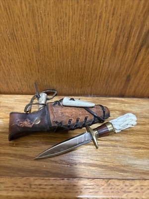 Hand Carved Antler 2  Bodice Dagger with Etched Leather Sleeve