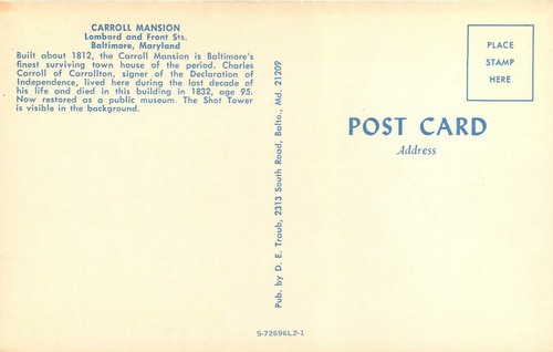 Carroll Mansion Lombard Front Baltimore Maryland MD Postcard - Picture 2 of 2